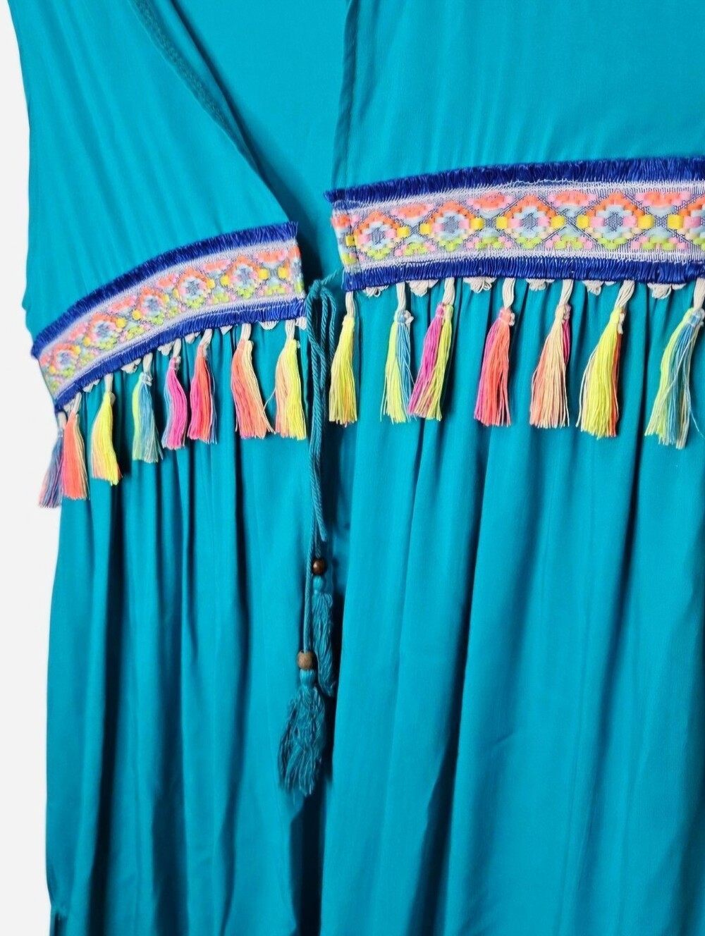 Desheng Sleeveless Summer Kimono Teal with Multicolor Tassels Women's S/M NEW - Picture 2 of 9